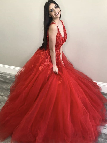 V Neck Long Red Lace Floral Prom Dresses, Red Lace Formal Dresses, Red Floral Evening Dresses