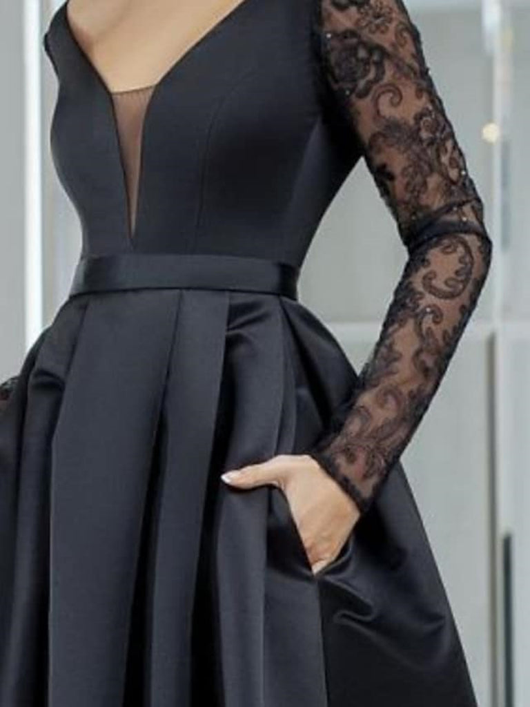 V Neck Long Sleeves Black Lace Long Prom Dresses, High Low Black Forma Shiny Party V Neck Long Sleeves Black Lace Long Prom Dresses, High Low Black Forma Shiny Party
