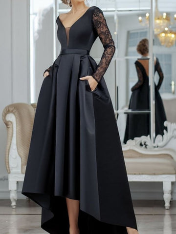 V Neck Long Sleeves Black Lace Long Prom Dresses, High Low Black Formal Dresses, Black Lace Evening Dresses SP2184