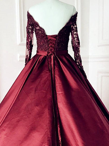 V Neck Long Sleeves Burgundy Lace Long Prom Dresses, Wine Red Long Sleeves Lace Formal Evening Dresses