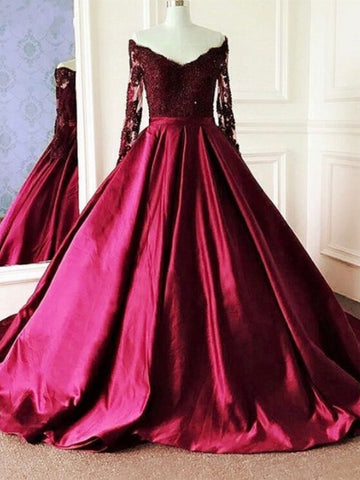 V Neck Long Sleeves Burgundy Lace Long Prom Dresses, Wine Red Long Sleeves Lace Formal Evening Dresses