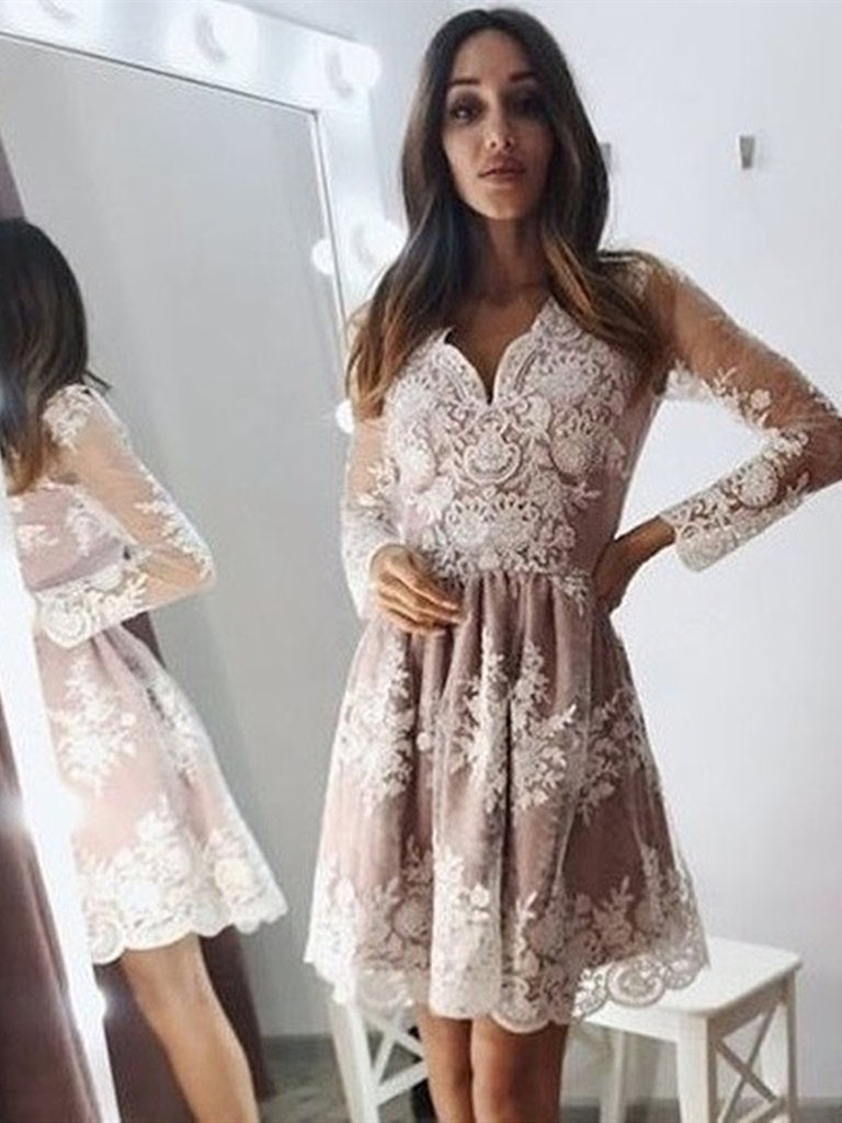 V Neck Long Sleeves Champagne Lace Short Prom Dresses Homecoming Dress Shiny Party V Neck Long Sleeves Champagne Lace Short Prom Dresses Homecoming Dress Shiny Party