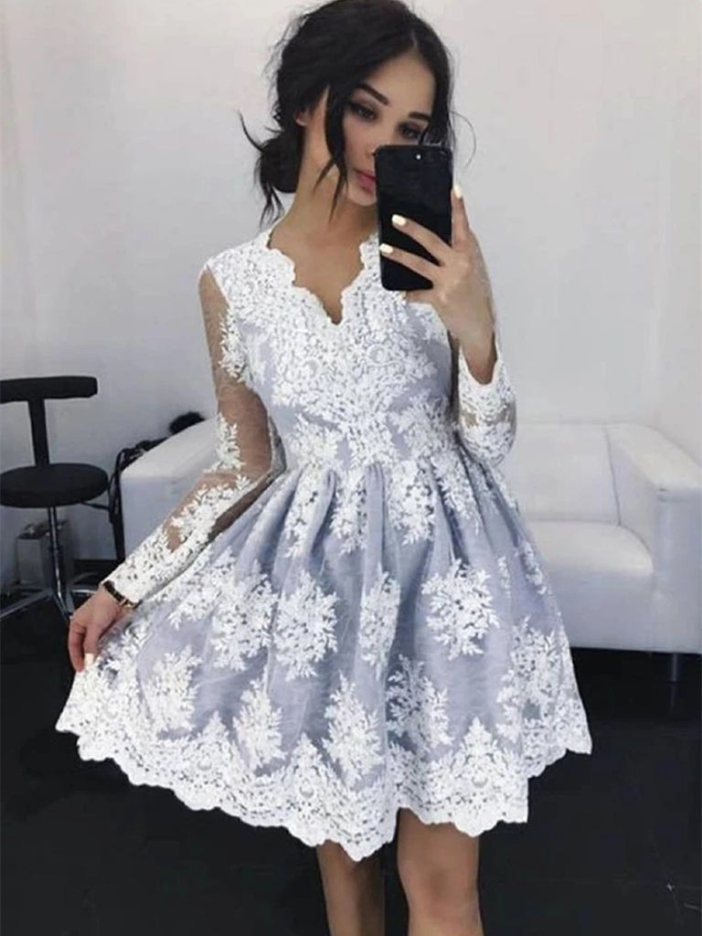 V Neck Long Sleeves Gray Lace Short Prom Homecoming Dresses, Gray Lace Formal Graduation Evening Dresses, Grey Cocktail Dresses