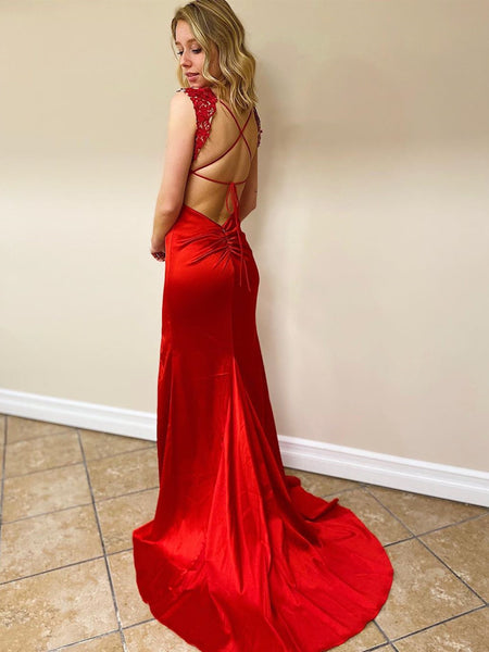 V Neck Mermaid Backless Red Lace Long Prom Dresses with Slit, Mermaid Red Formal Dresses, Red Lace Evening Dresses