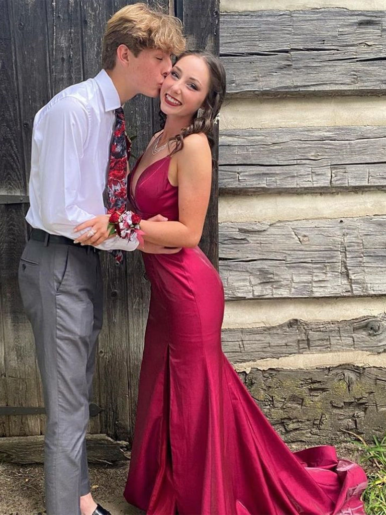 V Neck Mermaid Burgundy Satin Long Prom Dresses with High Slit, Mermai Shiny Party V Neck Mermaid Burgundy Satin Long Prom Dresses with High Slit, Mermai Shiny Party