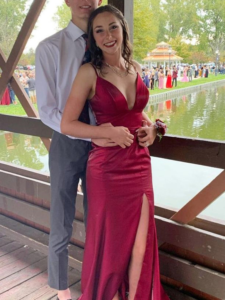 V Neck Mermaid Burgundy Satin Long Prom Dresses with High Slit, Mermai Shiny Party V Neck Mermaid Burgundy Satin Long Prom Dresses with High Slit, Mermai Shiny Party