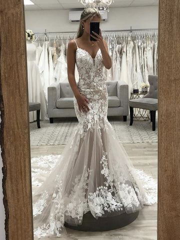V Neck Mermaid Champagne Lace Long Prom Wedding Dresses, Mermaid Champagne Formal Dresses, Champagne Lace Evening Dresses SP2206