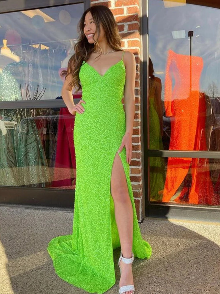 V Neck Mermaid Mint Green Sequins Long Prom Dresses with High Slit, Mint Green Sequins Formal Graduation Evening Dresses SP2600 V Neck Mermaid Mint Green Sequins Long Prom Dresses with High Slit, Mint Green Sequins Formal Graduation Evening Dresses SP2600