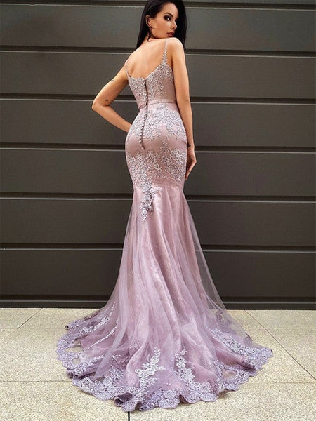 V Neck Mermaid Purple Lace Long Prom Dresses, Mermaid Purple Formal Dresses, Purple Lace Evening Dresses SP2200