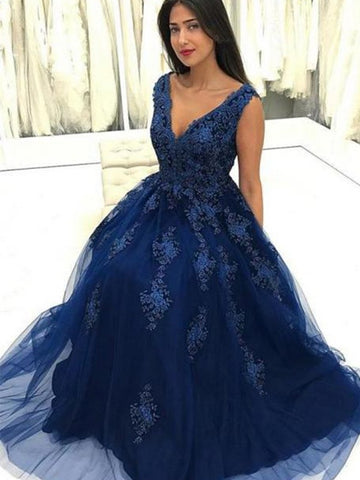 V Neck Navy Blue Lace Long Prom Dresses, Navy Blue Lace Formal Dresses, Lace Floral Evening Dresses SP271