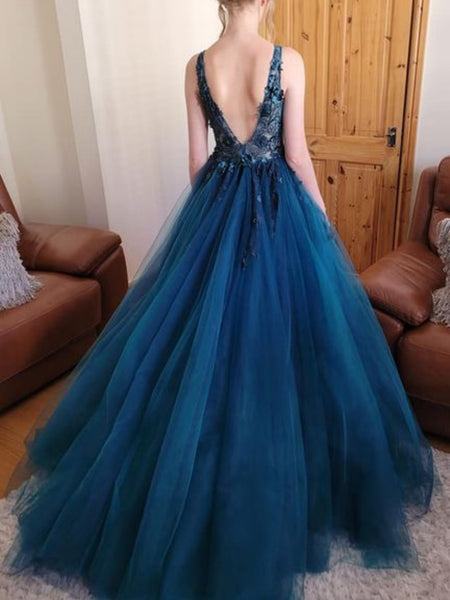 V Neck Open Back Beaded Blue Lace Long Prom Dresses, Blue Lace Floral Formal Dresses, Blue Evening Dresses SP2652