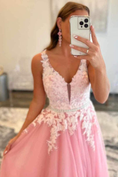 V Neck Open Back Beaded Pink Tulle Lace Long Prom Dresses, Floor Length Pink Formal Graduation Evening Dresses SP2257