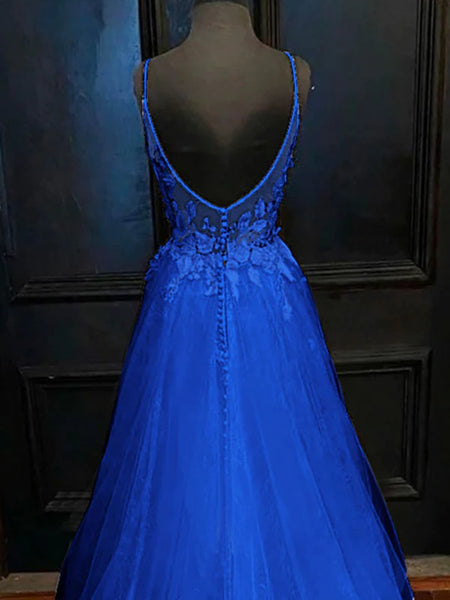 V Neck Open Back Blue Lace Long Prom Dresses, Blue Formal Dresses with Lace Appliques, Blue Evening Dresses SP2570