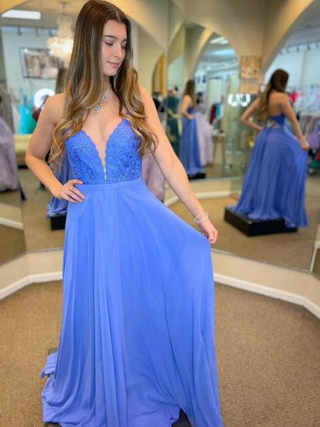 V Neck Open Back Blue Lace Long Prom Dresses, Blue Lace Formal Graduation Evening Dresses SP2477
