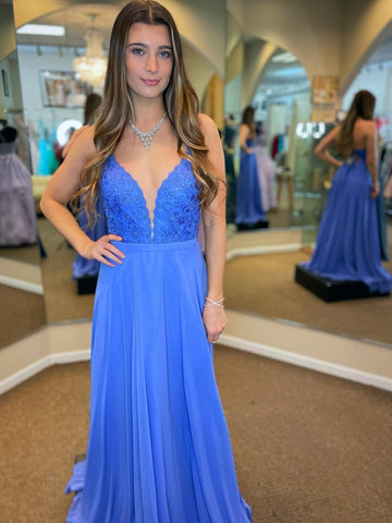 V Neck Open Back Blue Lace Long Prom Dresses, Blue Lace Formal Graduation Evening Dresses SP2477