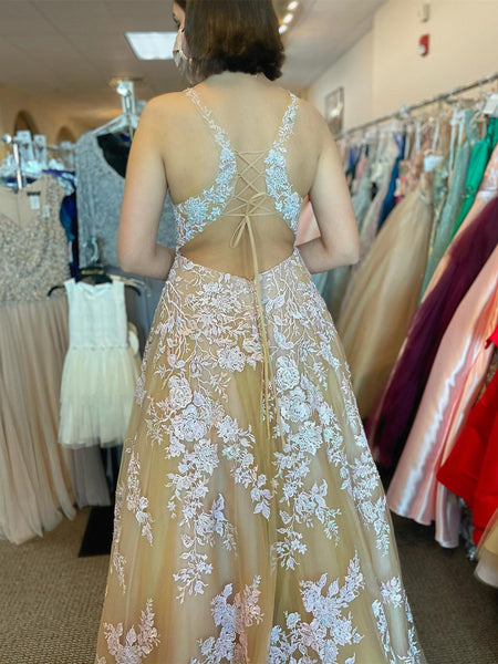 V Neck Open Back Champagne Tulle Lace Long Prom Dresses, Champagne Lace Formal Graduation Evening Dresses SP2331