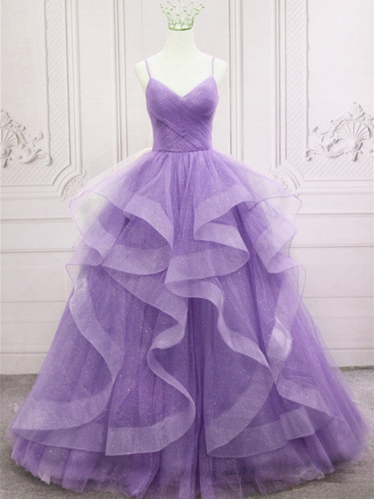 V Neck Open Back Fluffy Purple Tulle Long Prom Dresses, Purple Tulle Formal Evening Dresses, Purple Ball Gown SP2494 V Neck Open Back Fluffy Purple Tulle Long Prom Dresses, Purple Tulle Formal Evening Dresses, Purple Ball Gown SP2494