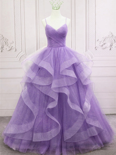 V Neck Open Back Fluffy Purple Tulle Long Prom Dresses, Purple Tulle Formal Evening Dresses, Purple Ball Gown SP2494