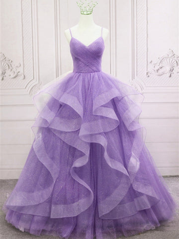 V Neck Open Back Fluffy Purple Tulle Long Prom Dresses, Purple Tulle Formal Evening Dresses, Purple Ball Gown SP2494