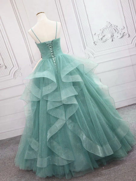 V Neck Open Back Green Tulle Long Prom Dresses, Shiny Green Formal Evening Dresses, Green Ball Gown SP2562
