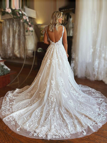 V Neck Open Back Ivory Lace Long Prom Wedding Dresses with Train, Ivory Lace Formal Evening Dresses SP2242