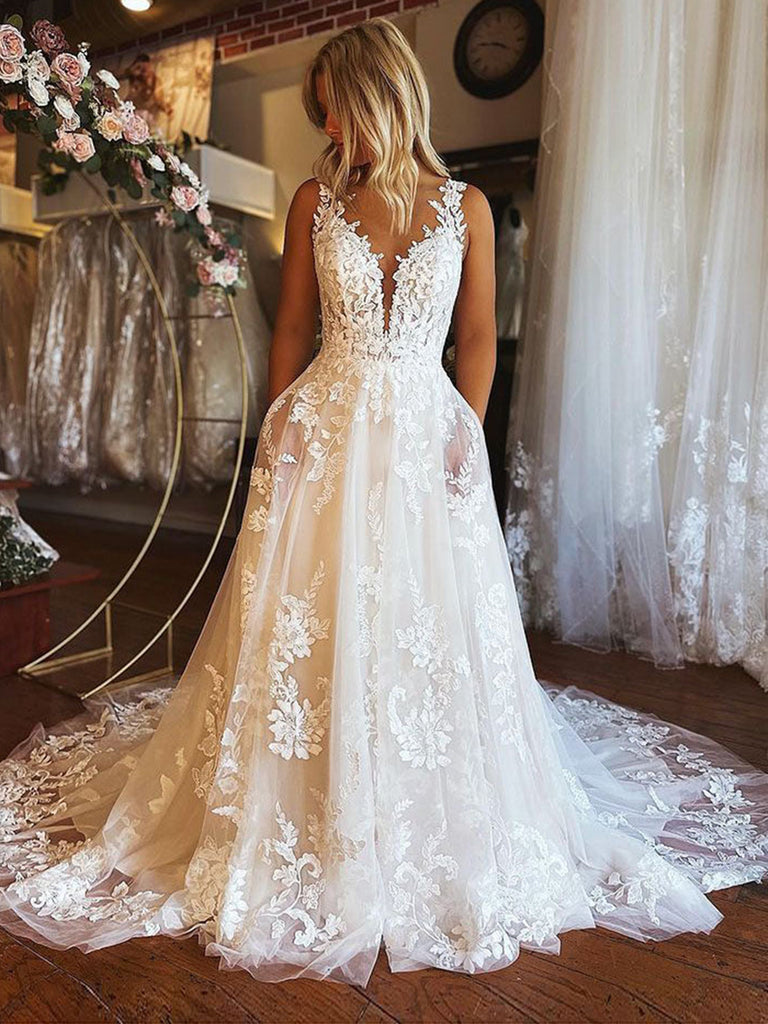 V Neck Line Wedding Dress, Open Lace Back Wedding Dress