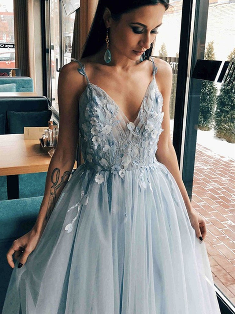 V Neck Open Back Light Blue Floral Long Prom Dresses, V Neck Light Blu Shiny Party V Neck Open Back Light Blue Floral Long Prom Dresses, V Neck Light Blu Shiny Party