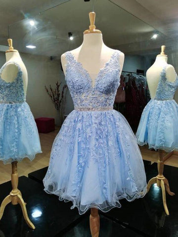 V Neck Open Back Light Blue Lace Prom Dresses, Backless Light Blue Lace Homecoming Dresses, Short Light Blue Lace Formal Evening Dresses