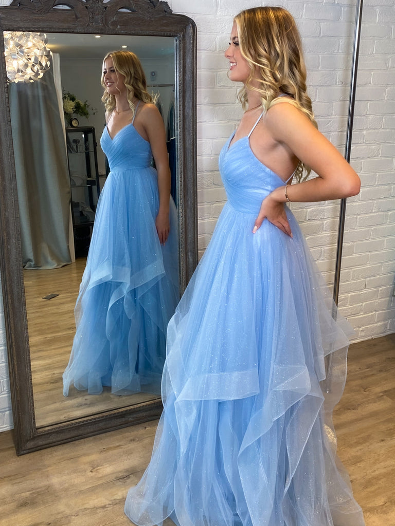 V Neck Open Back Light Blue Tulle Long Prom Dresses, Light Blue Formal