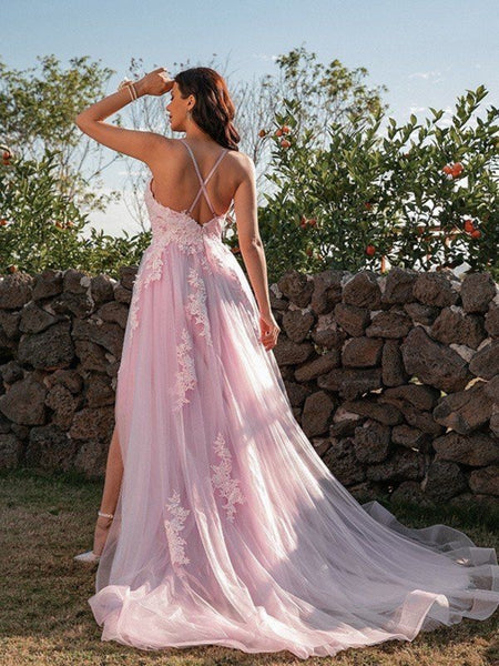 V Neck Open Back Pink Lace Long Prom Dresses, Pink Lace Formal Dresses with High Slit, Pink Evening Dresses SP2670