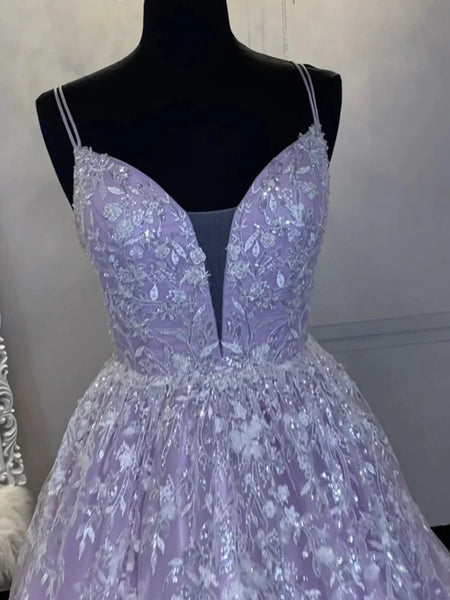 V Neck Open Back Purple Lace Prom Dresses Long, Purple Lace Formal Dresses, Long Purple Evening Dresses SP2664