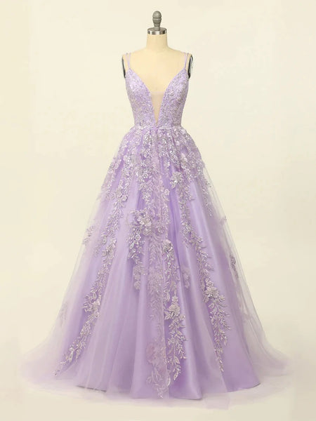 V Neck Open Back Purple Lace Prom Dresses Long, Purple Lace Formal Dresses, Long Purple Evening Dresses SP2664