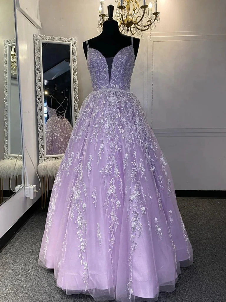 V Neck Open Back Purple Lace Prom Dresses Long, Purple Lace Formal Dresses, Long Purple Evening Dresses SP2664