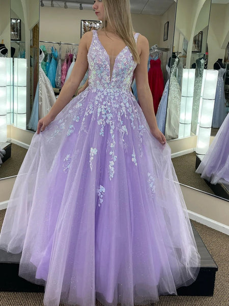 V Neck Open Back Purple Tulle Long Prom Dresses with Lace Appliques, Purple Lace Floral Long Formal Dresses, Purple Evening Dresses SP2598
