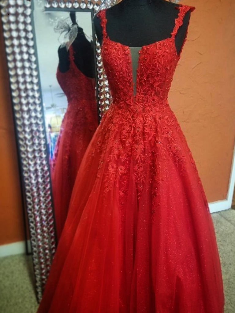V Neck Open Back Red Lace Long Prom Dresses, Long Red Lace Formal Dresses, Red Evening Dresses SP2668
