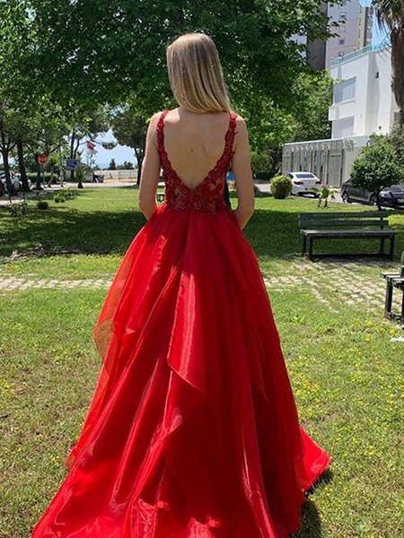 V Neck Open Back Red Lace Long Prom Dresses, Red Lace Formal Dresses, Red Evening Dresses SP2081