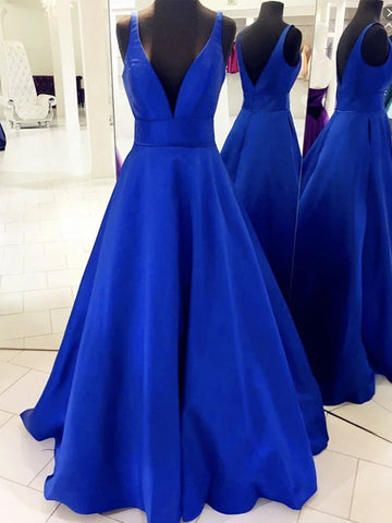 V Neck Open Back Royal Blue Long Prom Dresses, Royal Blue Formal Dresses, Evening Dresses