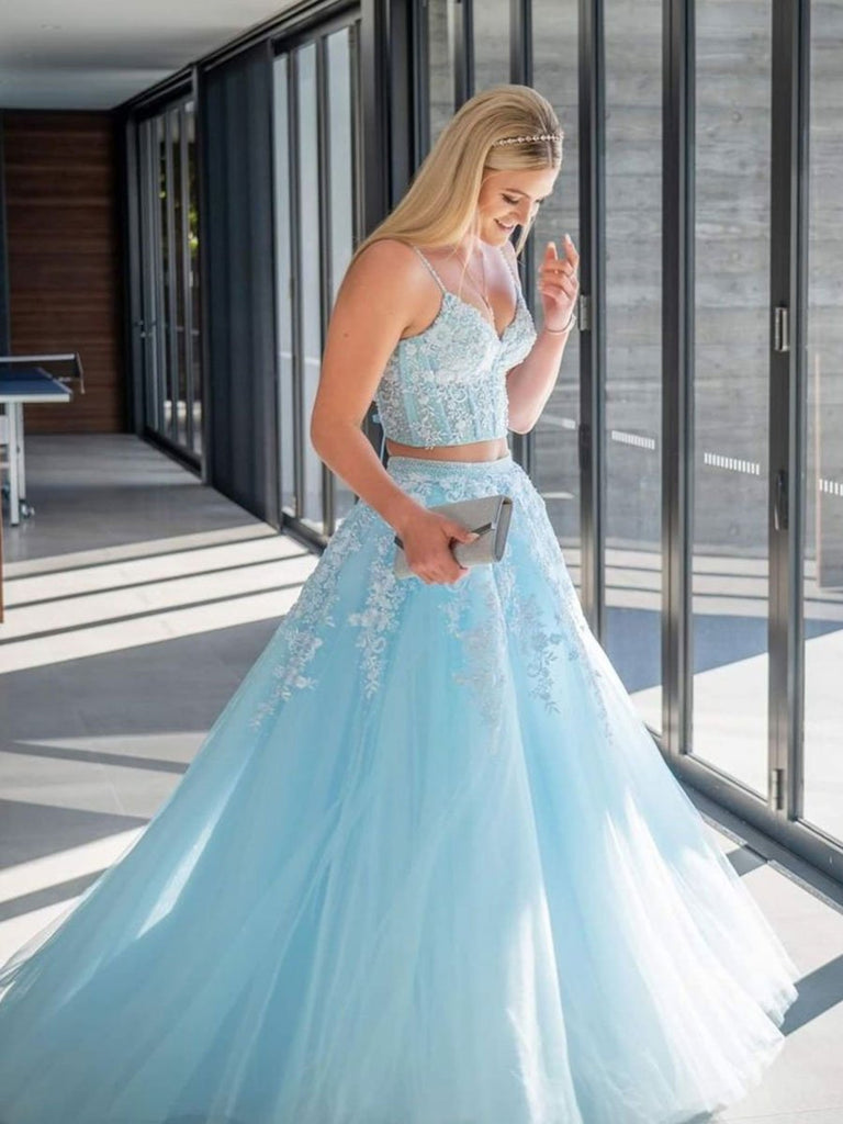 V Neck Open Back Two Pieces Blue Lace Long Prom Dresses, 2 Pieces Blue Shiny Party V Neck Open Back Two Pieces Blue Lace Long Prom Dresses, 2 Pieces Blue Shiny Party