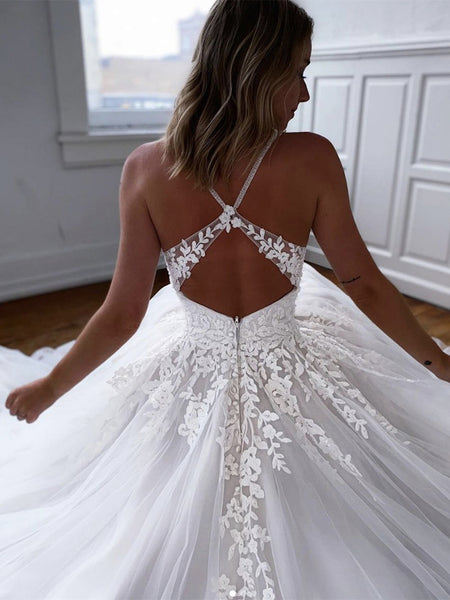 V Neck Open Back White Lace Long Prom Dresses, White Lace Wedding Dresses, White Formal Evening Dresses SP2085