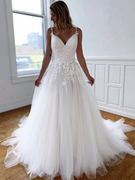 V Neck Open Back White Lace Long Prom Dresses, White Lace Wedding Dresses, White Formal Evening Dresses SP2085