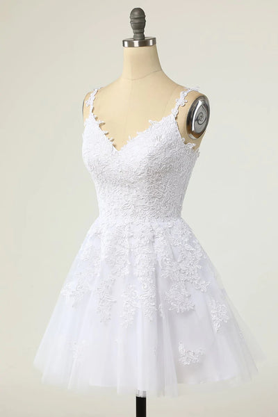V Neck Open Back White Lace Short Prom Homecoming Dresses, White Lace Formal Graduation Evening Dresses SP2428