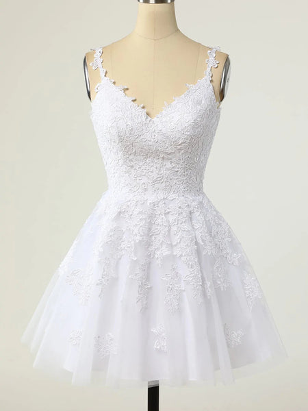 V Neck Open Back White Lace Short Prom Homecoming Dresses, White Lace Formal Graduation Evening Dresses SP2428