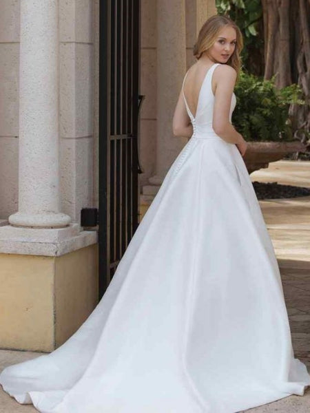 V Neck Open Back White Satin Long Prom Dresses, V Neck White Formal Dresses, White Evening Dresses SP2573