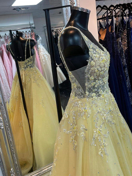 V Neck Open Back Yellow Lace Floral Long Prom Dresses, Yellow Lace Floral Formal Dresses, 3D Flowers Yellow Evening Dresses SP2151