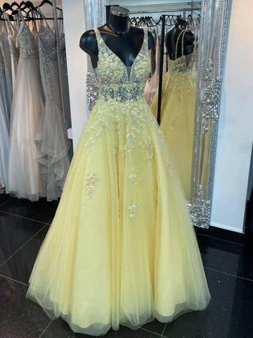 V Neck Open Back Yellow Lace Floral Long Prom Dresses, Yellow Lace Floral Formal Dresses, 3D Flowers Yellow Evening Dresses SP2151