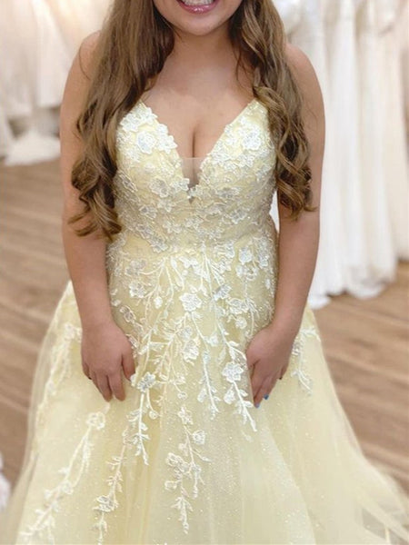 V Neck Open Back Yellow Lace Floral Long Prom Dresses, Yellow Lace Formal Dresses, Yellow Evening Dresses
