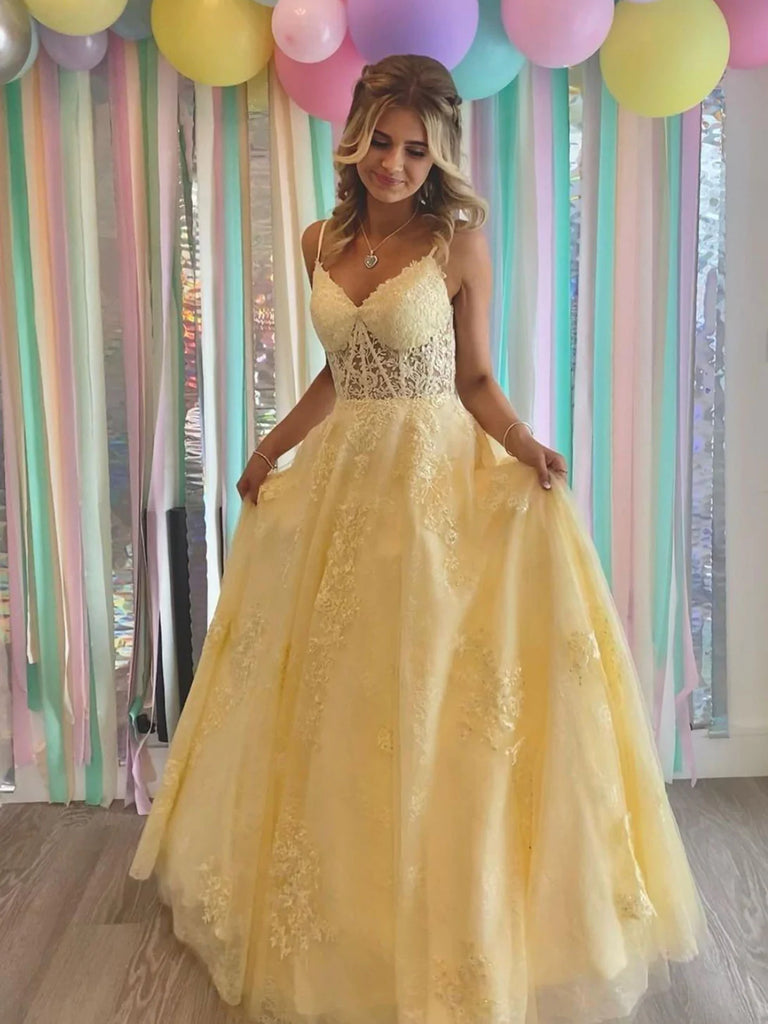 V Neck Open Back Yellow Lace Tulle Long Prom Dresses, Yellow Lace Formal Graduation Evening Dresses SP2424