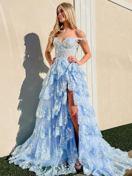 V Neck Pink/Blue/White Lace Layered Long Prom Dresses with High Slit, Pink/Blue/White Lace Formal Evening Dresses SP2614