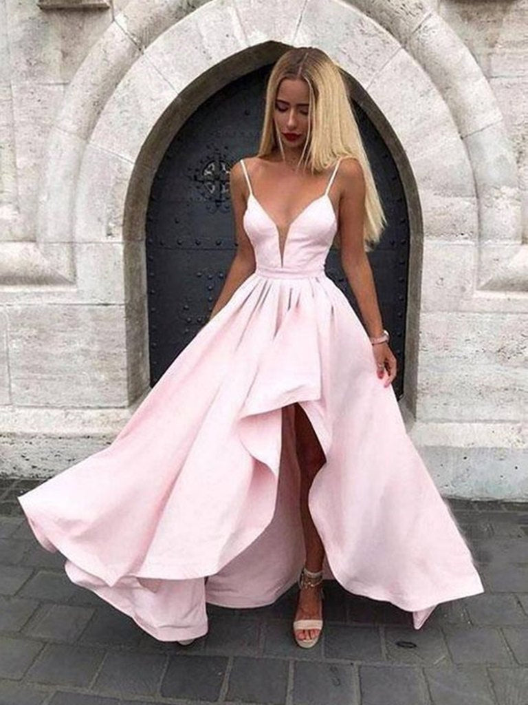 V Neck Pink High Low Prom Dresses, V Neck Pink High Low Formal Graduat Shiny Party V Neck Pink High Low Prom Dresses, V Neck Pink High Low Formal Graduat Shiny Party
