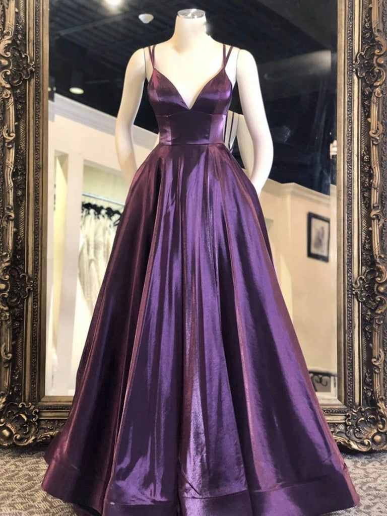 V Neck Purple Satin Long Prom Dresses, Purple Formal Graduation Evening Dresses